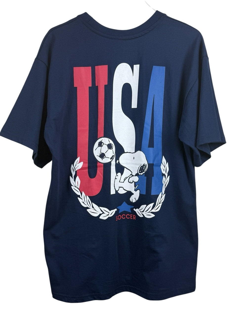 Peanuts Snoopy Soccer USA Double Sided Blue T-Shirt NWOT Men’s Size XL